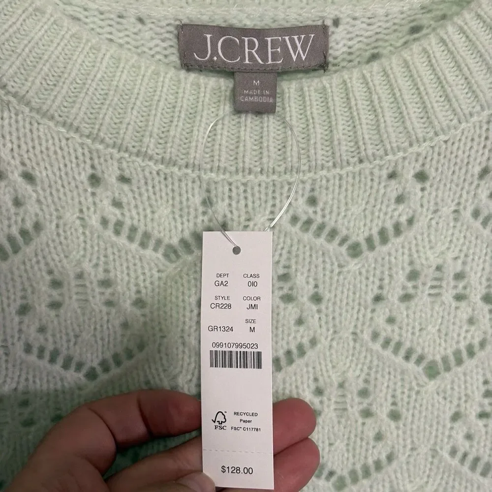NEW J. Crew Women Supersoft Pointelle Wool Wide Sleeve Sweater Jade Green M NWT